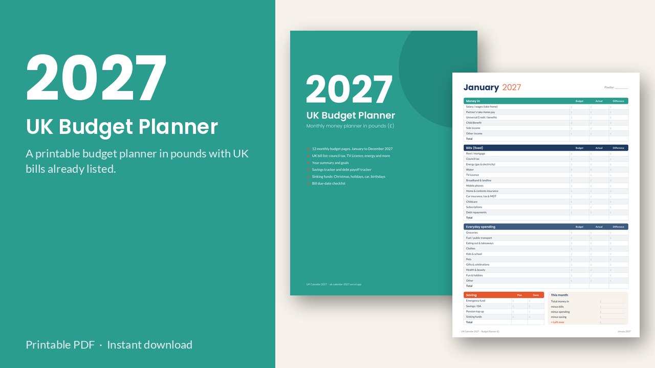 2027 UK Budget Planner – Printable Monthly Money Planner (£)