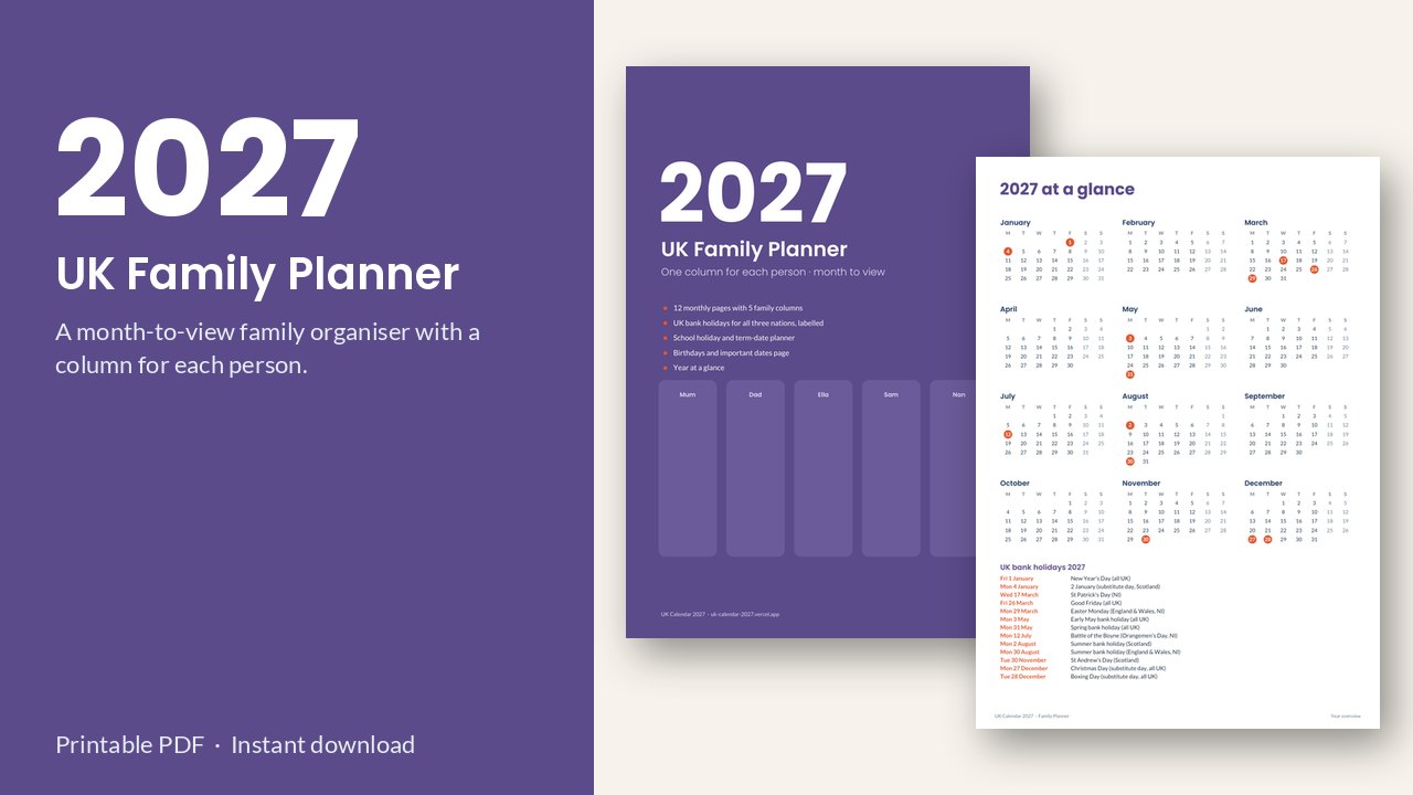 2027 UK Family Planner – Printable Monthly Organiser PDF