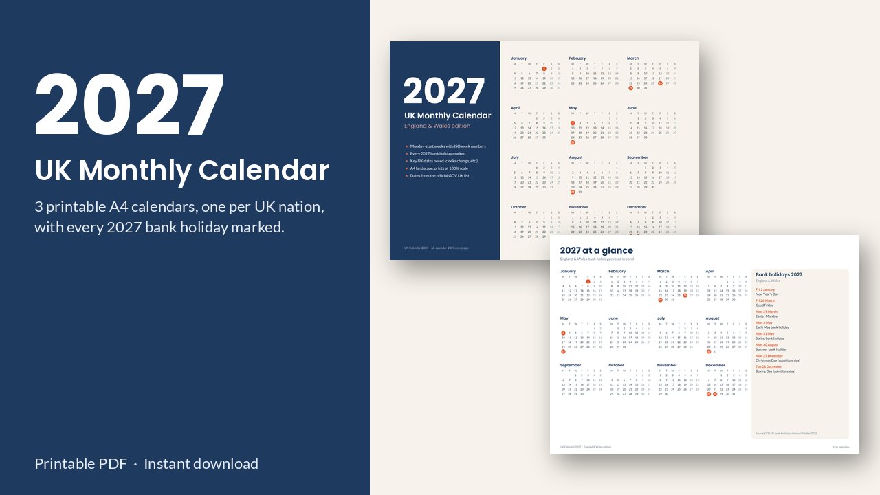 2027 UK Monthly Calendar – Printable PDF (England & Wales, Scotland, NI)