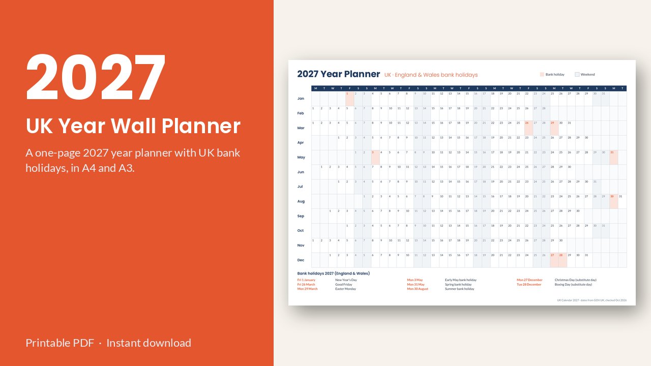 2027 UK Year Wall Planner – Printable A4 & A3 PDF